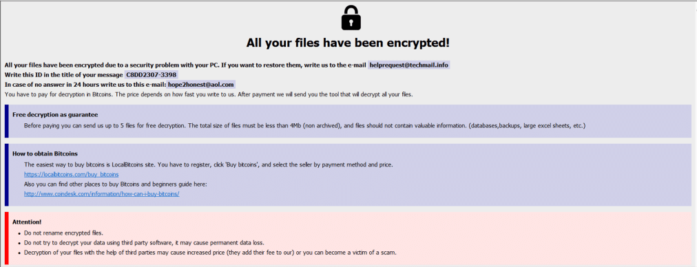 All your files have been encrypted! All your files have been encrypted due to a security problem with your PC. If you want to restore them, write us to the e-mail antich154@privatemail.com Write this ID in the title of your message ******-** If there is no response from our mail, you can install the Jabber client and write to us in support of You have to pay for decryption in Bitcoins. The price depends on how fast you write to us. After payment, we will send you the tool that will decrypt all your files. Free decryption as a guarantee Before paying you can send us up to 5 files for free decryption. The files' total size must be less than 4Mb (non-archived), and files should not contain valuable information. (databases, backups, large excel sheets, etc.) How to obtain Bitcoins The easiest way to buy bitcoins is LocalBitcoins site. You have to register, click 'Buy bitcoins', and select the seller by payment method and price. https://localbitcoins.com/buy_bitcoins Also, you can find other places to buy Bitcoins and beginners guide here: http://www.coindesk.com/information/how-can-i-buy-bitcoins/ Jabber client installation instructions: Download the jabber (Pidgin) client from https://pidgin.im/download/windows/ After installation, the Pidgin client will prompt you to create a new account. Click "Add" In the "Protocol" field, select XMPP In "Username" - come up with any name In the field "domain" - enter any jabber-server, there are many them, for example - exploit.im Create a password At the bottom, put a tick "Create account" Click add If you selected "domain" - exploit.im, then a new window should appear in which you will need to re-enter your data: User password You will need to follow the link to the captcha (there you will see the characters that you need to enter in the field below) If you don't understand our Pidgin client installation instructions, you can find many installation tutorials on youtube - https://www.youtube.com/results?search_query=pidgin+jabber+install Attention! Do not rename encrypted