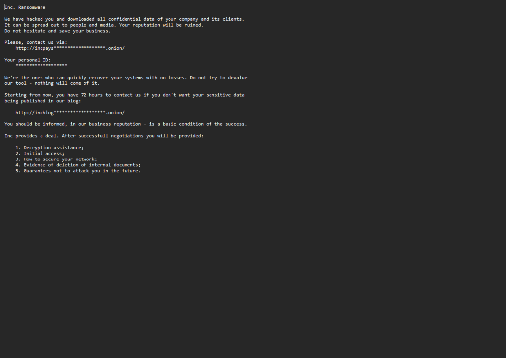 Ransom demand in a note from the INC ransomware program "INC-README.txt"